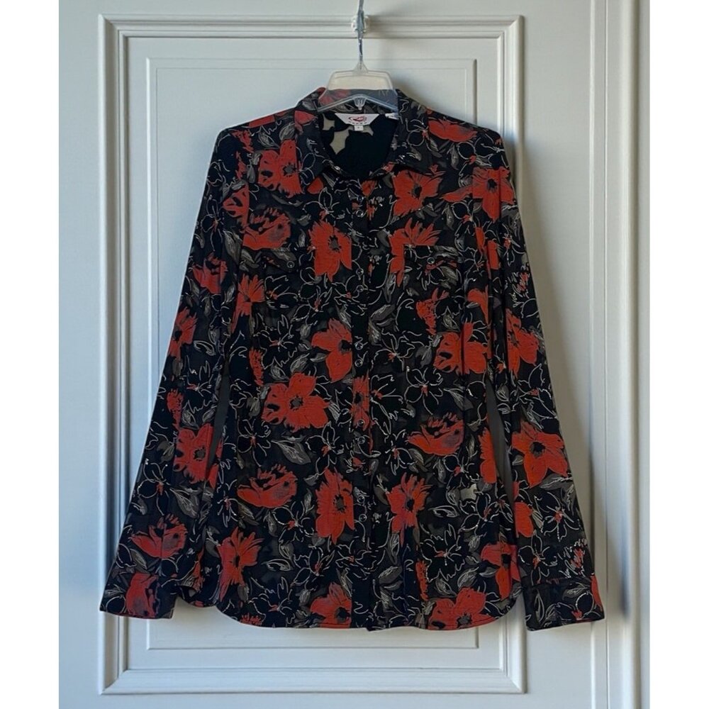 Roper Shirt Womens Large Black Red Floral Western Pearl Snap Long Sleeve  Sheer